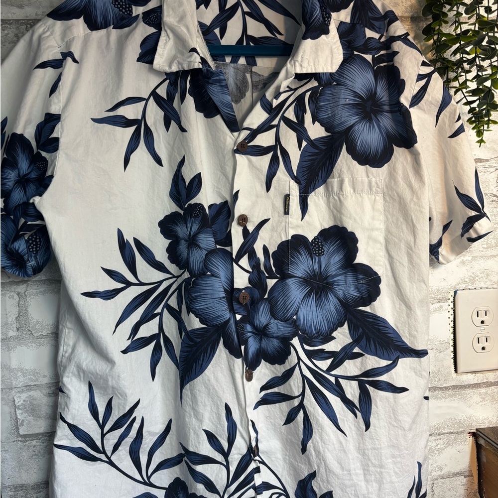 Men's White Button-Down Shirt with Navy Floral Print
